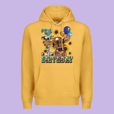 My First Birthday Baby Cow Sunflower Premium Hoodie Designed By Howdyjamesfarm