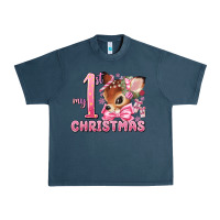 Midnight Navy my first christmas pink reindeer Urban Heavy Tee - MaliasSmallBusiness