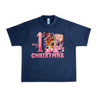 Navy my first christmas pink reindeer Urban Heavy Tee - MaliasSmallBusiness