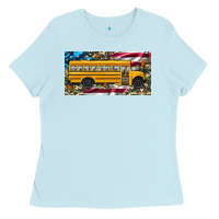 Baby Blue school bus camouflage american flag license plate Ladies Tee - Artiststas