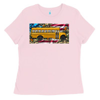 Bubblegum Pink school bus camouflage american flag license plate Ladies Tee - Artiststas