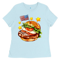 Baby Blue american flag and hamburger Ladies Tee - AdoDesignShop