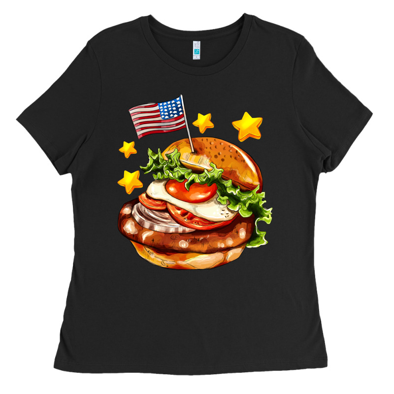 American Flag And Hamburger Ladies Tee by AdoDesignShop | Teevron