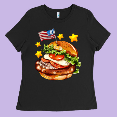 American Flag And Hamburger Ladies Tee Designed By Adodesignshop