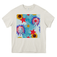 Cream patriotic fireworks and sunflower Heavy Core Tee - BundleAndBundleShop