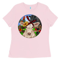 Bubblegum Pink Christmas Charolais Calf Black Angus Bull And Roos Ladies Tee - RanaPortraitStore