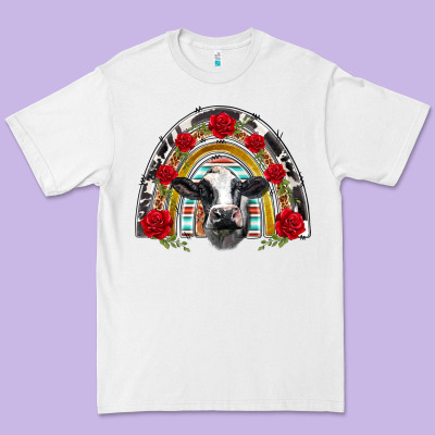 Black And White Baby Cow Floral Rose Rainbow Premium Tee Designed By Barkaloodesign