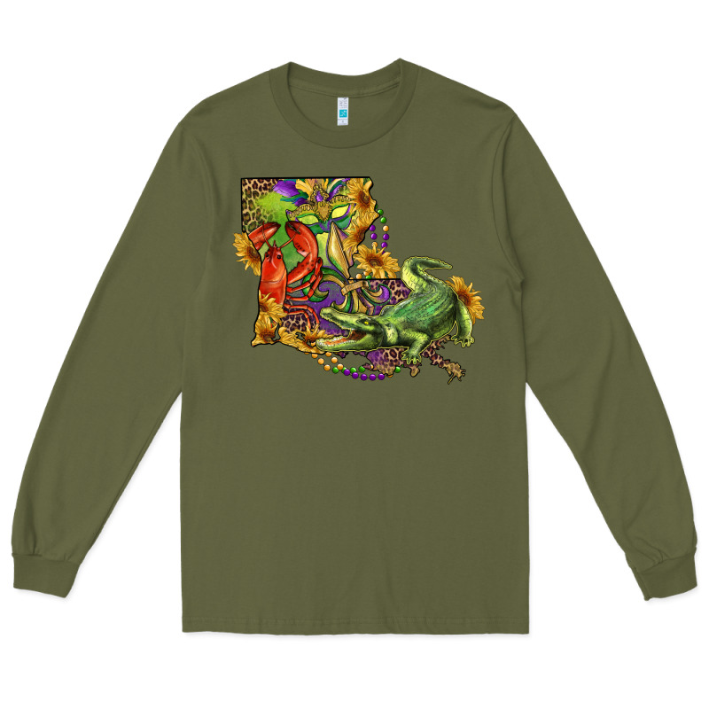 Louisiana Map With Mardi Gras Crocodile Long Sleeve Tee by RanaPortraitStore | Teevron