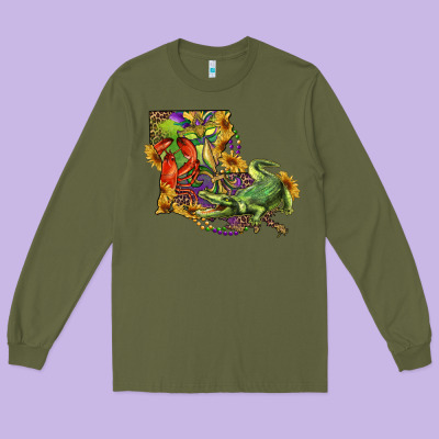 Louisiana Map With Mardi Gras Crocodile Long Sleeve Tee Designed By Ranaportraitstore