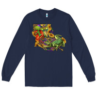 Navy louisiana map with mardi gras crocodile Long Sleeve Tee - RanaPortraitStore