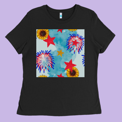 Patriotic Fireworks And Sunflower Ladies Tee Designed By Bundleandbundleshop
