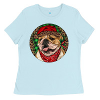 Baby Blue Christmas English Bulldog Ladies Tee - RanaPortraitStore