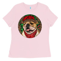 Bubblegum Pink Christmas English Bulldog Ladies Tee - RanaPortraitStore