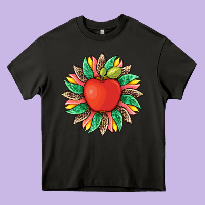 Teacher Apple And Sunflower With Leopard And Tooled Leather Heavy Core Tee Designed By Artiststas