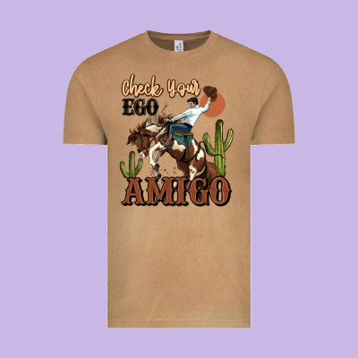 Check Your Ego Amigo Rodeo Cowboy Vintage Tee Designed By Maliassmallbusiness