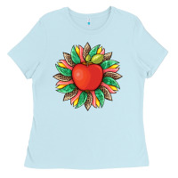 Baby Blue teacher apple and sunflower with leopard and tooled leather Ladies Tee - Artiststas