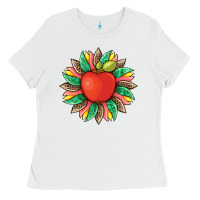 White teacher apple and sunflower with leopard and tooled leather Ladies Tee - Artiststas