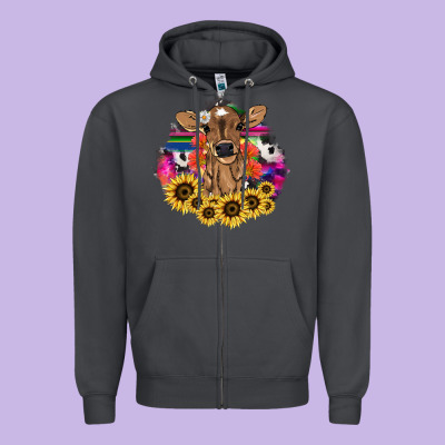 Baby Cow Flower Zipper Hoodie Designed By Howdyjamesfarm