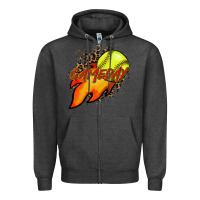 Charcoal Heather Softball game day leopard fire and ball Zipper Hoodie - HowdyJamesFarm