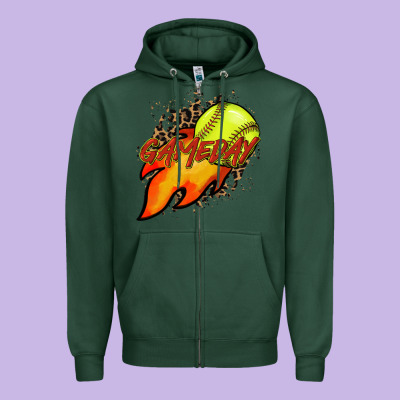 Softball Game Day Leopard Fire And Ball Zipper Hoodie Designed By Howdyjamesfarm