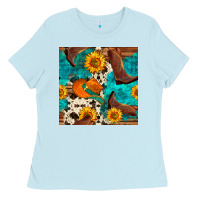Baby Blue cowboy boots and hat seamless pattern Ladies Tee - BundleAndBundleShop
