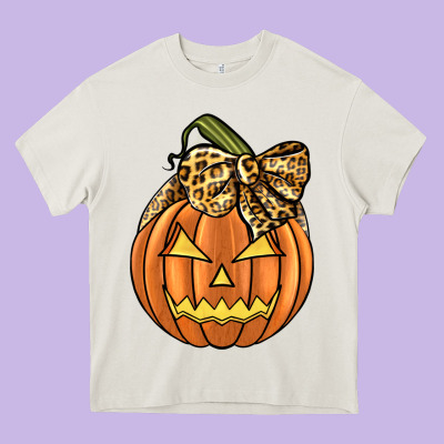 Leopard Ribbon Halloween Pumkin Heavy Core Tee Designed By Jahusdesignshop