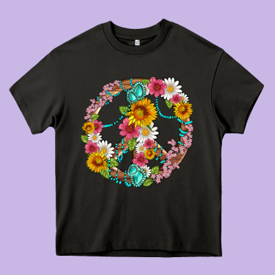 Floral Peace Sign With Gemstone Heavy Core Tee Designed By Artiststas