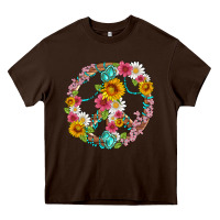 Chocolate Brown floral peace sign with gemstone Heavy Core Tee - Artiststas