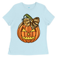 Baby Blue Leopard Ribbon Halloween Pumkin Ladies Tee - JahusDesignShop
