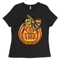 Black Leopard Ribbon Halloween Pumkin Ladies Tee - JahusDesignShop