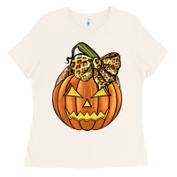 Bone Leopard Ribbon Halloween Pumkin Ladies Tee - JahusDesignShop