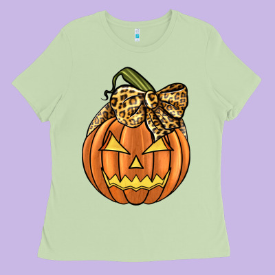 Leopard Ribbon Halloween Pumkin Ladies Tee Designed By Jahusdesignshop