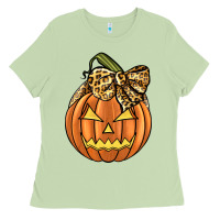 Matcha Leopard Ribbon Halloween Pumkin Ladies Tee - JahusDesignShop