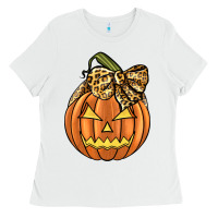 White Leopard Ribbon Halloween Pumkin Ladies Tee - JahusDesignShop