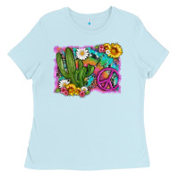 Baby Blue cactus peace sign flowers and tie dye Ladies Tee - Artiststas