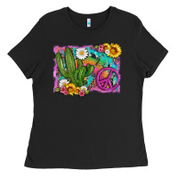 Black cactus peace sign flowers and tie dye Ladies Tee - Artiststas