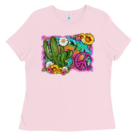 Bubblegum Pink cactus peace sign flowers and tie dye Ladies Tee - Artiststas