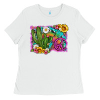 White cactus peace sign flowers and tie dye Ladies Tee - Artiststas