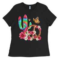 Black cactus peace sign flowers and butterflys Ladies Tee - Artiststas