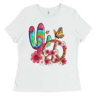 White cactus peace sign flowers and butterflys Ladies Tee - Artiststas