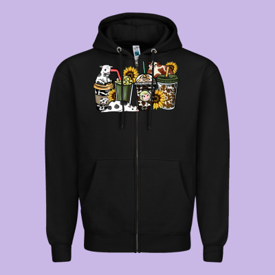 Cowhide Coffee Cups Zipper Hoodie Designed By Howdyjamesfarm