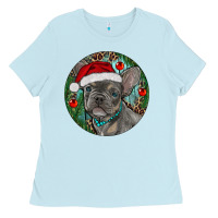 Baby Blue Frenchie Christmas Ladies Tee - RanaPortraitStore