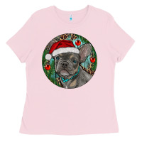 Bubblegum Pink Frenchie Christmas Ladies Tee - RanaPortraitStore