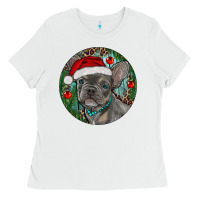 White Frenchie Christmas Ladies Tee - RanaPortraitStore