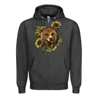 Charcoal Heather Bear head sunflower Zipper Hoodie - HowdyJamesFarm
