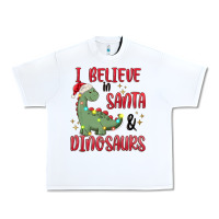 White i believe in santa & dinosaurs Urban Heavy Tee - MaliasSmallBusiness