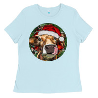 Baby Blue Hereford Cow Christmas Ladies Tee - RanaPortraitStore