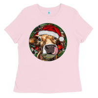 Bubblegum Pink Hereford Cow Christmas Ladies Tee - RanaPortraitStore