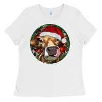 White Hereford Cow Christmas Ladies Tee - RanaPortraitStore