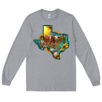 Heather Grey western texas map with longhorn bull Long Sleeve Tee - RanaPortraitStore